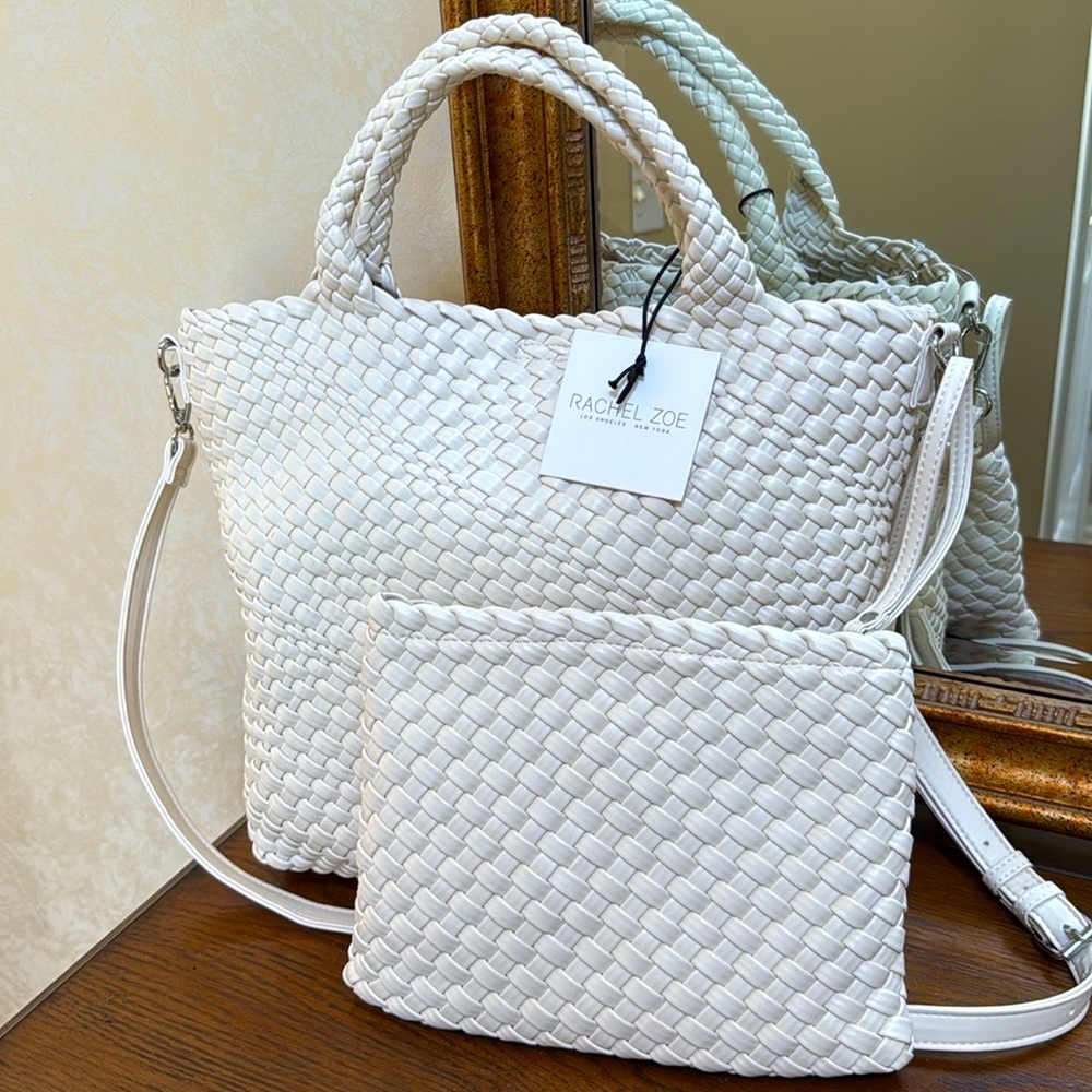 New Rachel Zoe Cream Woven Tote/crossbody bag with matching wristlet included.